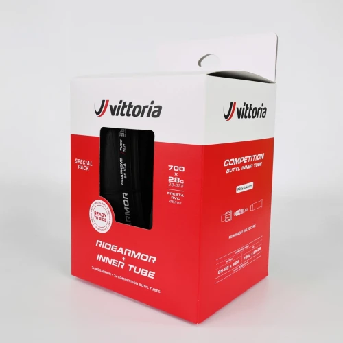 Zestaw Twin Pack opony RideArmor G2.0 700x28C, czarna, zwijana + dętki 700 x 25/28c, Presta 48mm RVC; VITTORIA