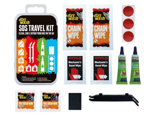 Zestaw czyszcząco-naprawczy WELDTITE Dirtwash Sos Travel Kit (3x Łatka samouszczelniająca + 2x Łyżka + Papier ścieny + 2x Olejek do łańcucha + 2x Chus