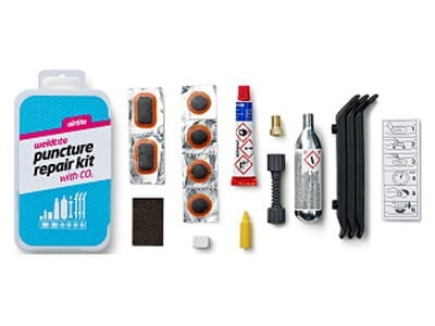 Zestaw łatek do dętek WELDTITE Airtite Puncture Kit with CO2 (6x Łatka + Klej + Papier ścierny + Kreda + Kredka + 3x Łyżka + Nabój CO2 + Adapter zawor