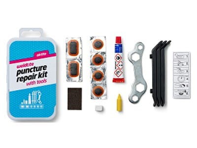 Zestaw łatek do dętek WELDTITE Airtite Puncture Repair Kit with Tools (6x Łatka + Klej + Papier ścierny + Kreda + Kredka + 3x Łyżka + Klucz 5mm/6mm),