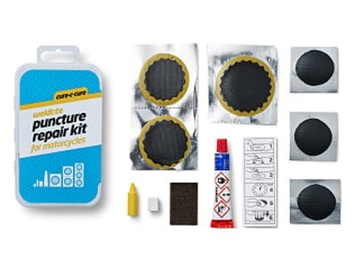 Zestaw łatek motoryzacyjnych WELDTITE Cure-C-Cure Puncture Repair Kit For Motorcycles (6x Łatka + Klej + Papier ścierny + Kreda + Kredka), Pudełko 10s