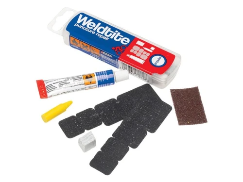 Zestaw łatek do dętek WELDTITE Patch Puncture Repair Kit (8x Łatka + Klej + Papier ścierny + Kreda + Kredka), Pudełko 25szt.