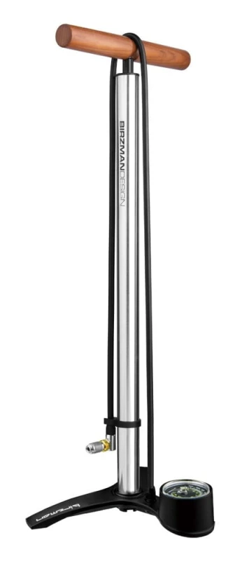 Pompka podłogowa BIRZMAN The Pump with Helix (Presta/Schrader/Dunlop), 220psi/15bar, CNC, Srebrna, Drewno lakierowane