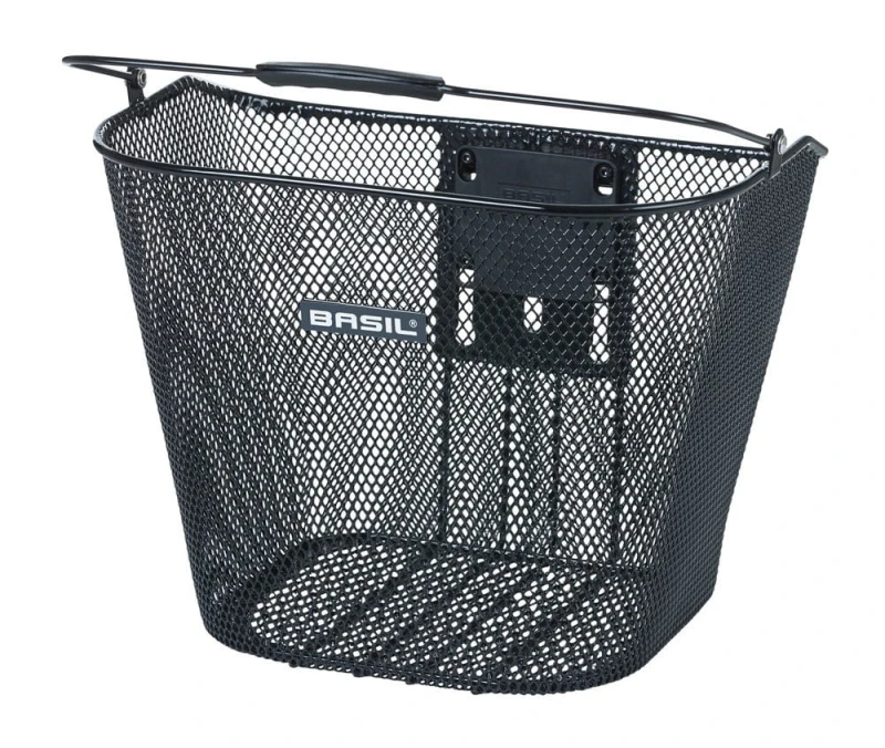 Kosz na przedni bagażnik BASIL BREMEN KF stalowy, czarny + Płytka mocująca do kosza BASIL KLICKFIX ADAPTER system do mocowania na kierownicę odpinany