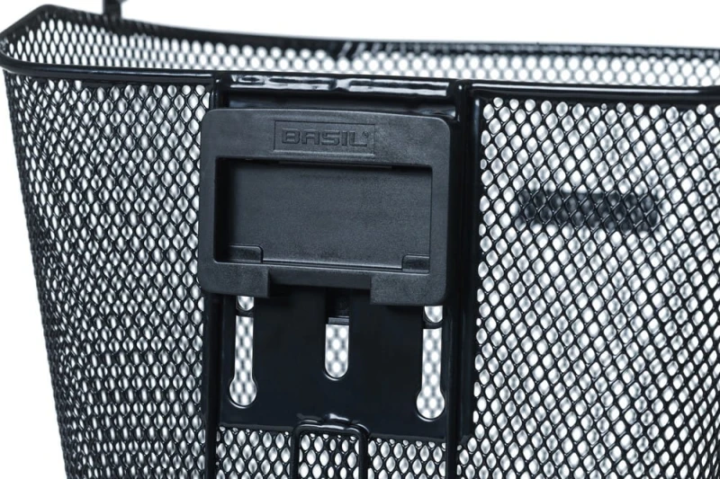 Kosz na przedni bagażnik BASIL BREMEN KF stalowy, czarny + Płytka mocująca do kosza BASIL KLICKFIX ADAPTER system do mocowania na kierownicę odpinany