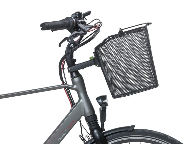 Kosz na przedni bagażnik BASIL BREMEN KF stalowy, czarny + Płytka mocująca do kosza BASIL KLICKFIX ADAPTER system do mocowania na kierownicę odpinany